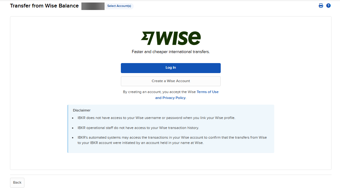 The option to create or log into your Wise account. 